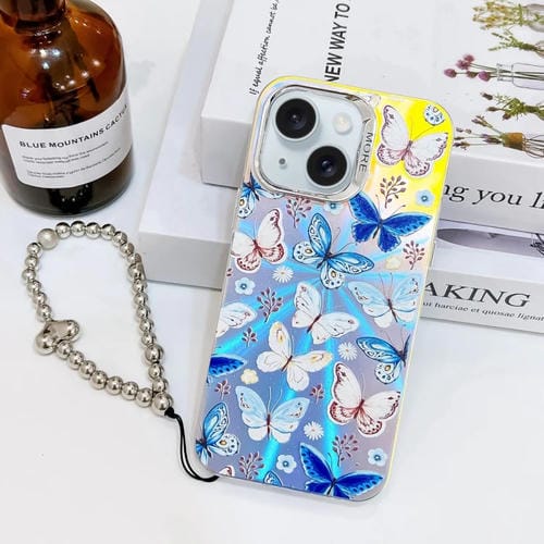 Funda para Teléfono iPhone 15 con Mariposa Láser Galvanizada y Correa para Muñeca (Mariposas Azules) - MOVILSTORE