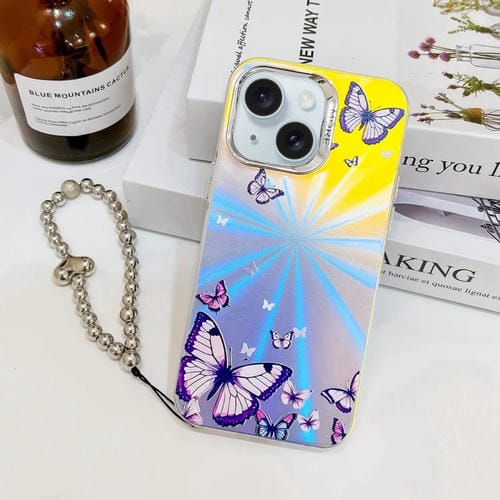 Funda para iPhone 15 Diseño Mariposa Galvanoplastia Láser Correa Muñeca (Morado) - MOVILSTORE