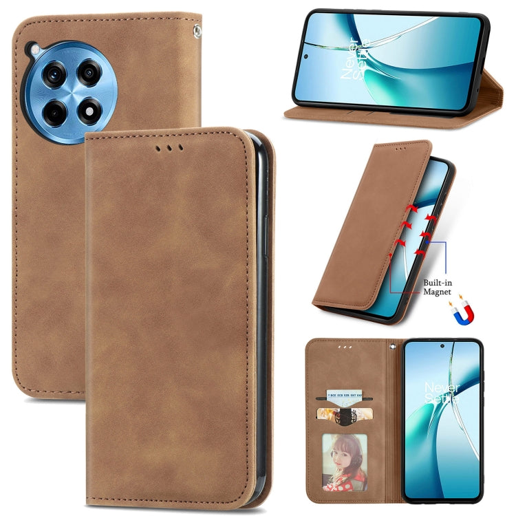 Funda de Cuero para OnePlus Ace 3 Pro con Tapa Magnética y Tacto Retro (Marrón)