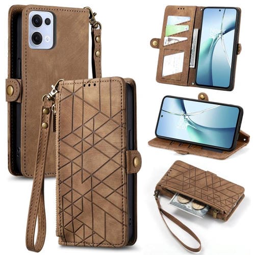 Funda de Cuero con Hebilla Lateral y Cremallera Geométrica para Oppo Reno13 (Marrón)