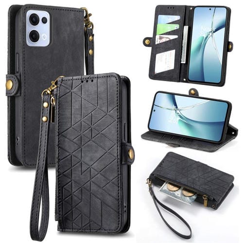 Funda de Cuero con Hebilla Lateral y Cremallera Geométrica para Oppo Reno13 Pro (Negra)