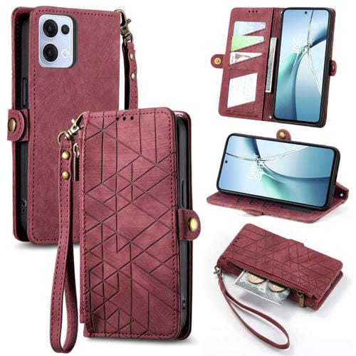 Funda de Cuero con Hebilla Lateral y Cremallera Geométrica para Oppo Reno13 Pro (Roja)