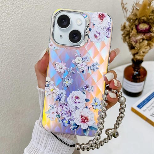 Funda para Teléfono iPhone 15 con Flor Låser Galvanizada y Correa para Muñeca (Rose) - MOVILSTORE