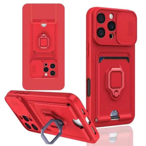 Funda de Silicona para iPhone 16 Pro Max con Soporte para Tarjetas Magnético Deslizante Camshield (Rojo)