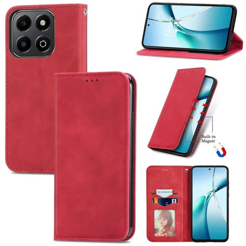 Funda de Cuero con Tapa Magnética y Tacto Retro para Honor 200 (Rojo)