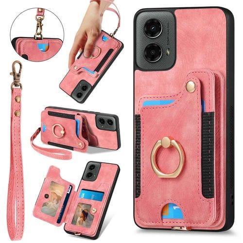 Funda para Motorola Moto G 2024 con Billetera RFID y Anillo Sensación de Piel (Rosa)