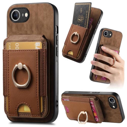 Funda de Cuero para iPhone 16E con Soporte Magnético Divisible Estilo Retro (Marrón)