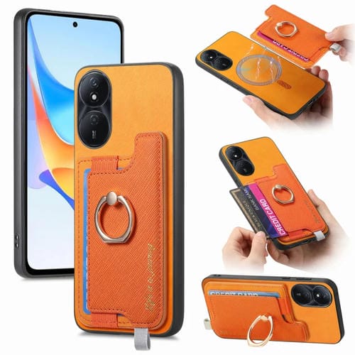 Funda para Teléfono Honor Play 50 Plus 5G con Tarjetero y Anillo de Cuero Retro Magsafe (Amarillo)