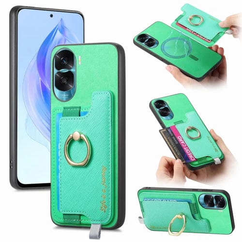 Funda para Teléfono Honor X50I con Tarjetero y Anillo de Cuero Diseño Retro Magsafe Cross (Verde)