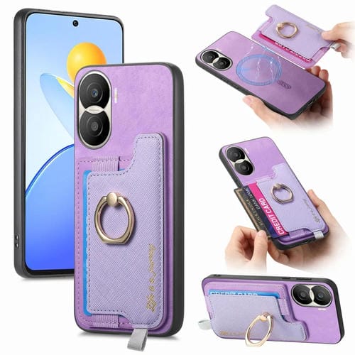 Funda para Teléfono Honor Play 7T/X7A con Tarjetero y Anillo Cuero Retro Magsafe (Morado)