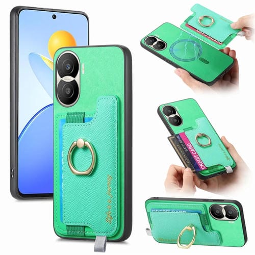 Funda para Teléfono Honor Play 7T/X7A con Tarjetero Anillo Cuero Retro Magsafe (Verde)