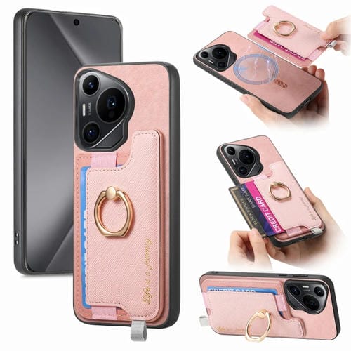 Funda para Teléfono Huawei Pura 70 con Tarjetero y Anillo de Cuero Retro Magsafe (Rosa)