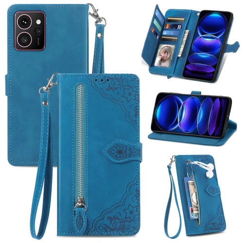 Funda de Cuero con Cremallera para Teléfono HMD Skyline con Diseño Floral en Relieve (Azul)