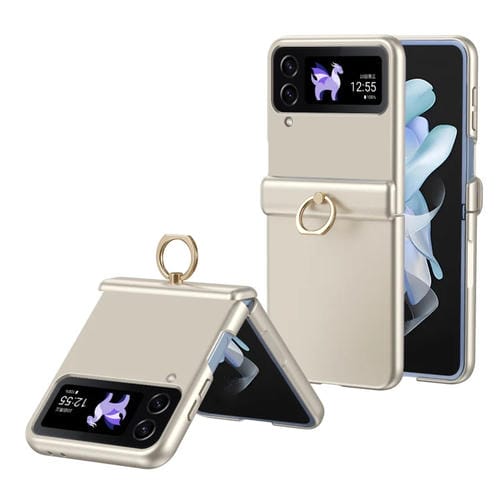 Estuche para teléfono Samsung Galaxy Z Flip4 con anillo chapado cielo estrellado y carcasa con película integrada (Oro Champán)