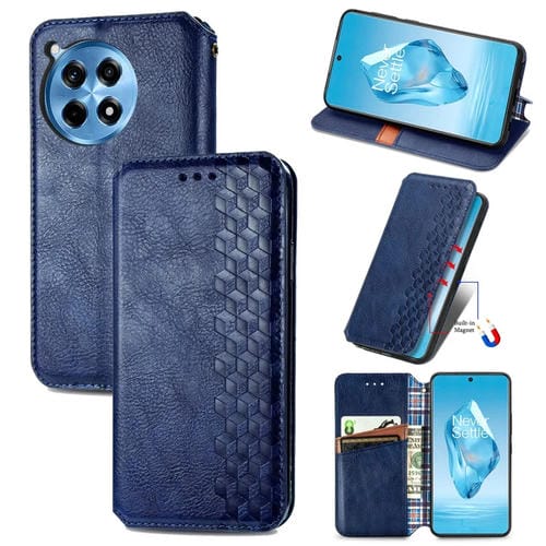 Funda de Cuero Magnética OnePlus Ace 3 Pro Diseño Cuadrícula Cúbica (Azul)