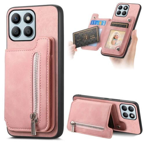 Funda para Teléfono Honor X8B con Tarjetero y Cremallera Retro Magsafe (Rosa)