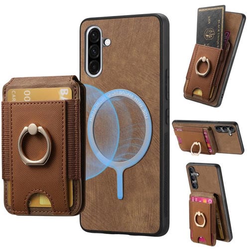 Funda de Cuero para Teléfono Samsung Galaxy A36 con Soporte Magnético Divisible y Tarjetero (Marrón)