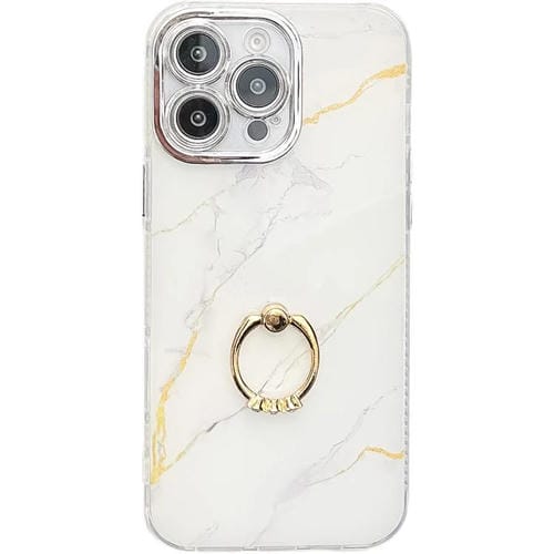 Funda para Teléfono iPhone 16 Pro Max Soporte de Anillo Mármol Galvanizado (Dorado y Blanco)