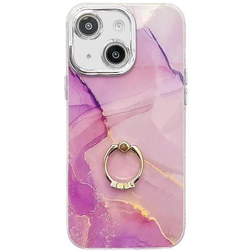 Funda para Teléfono iPhone 14 con Soporte de Anillo Textura Mármol Galvanizado (Dorado, Morado, Rojo)