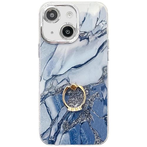 Funda para Teléfono iPhone 13 Soporte de Anillo Textura Mármol Galvanizado (Azul Marino)