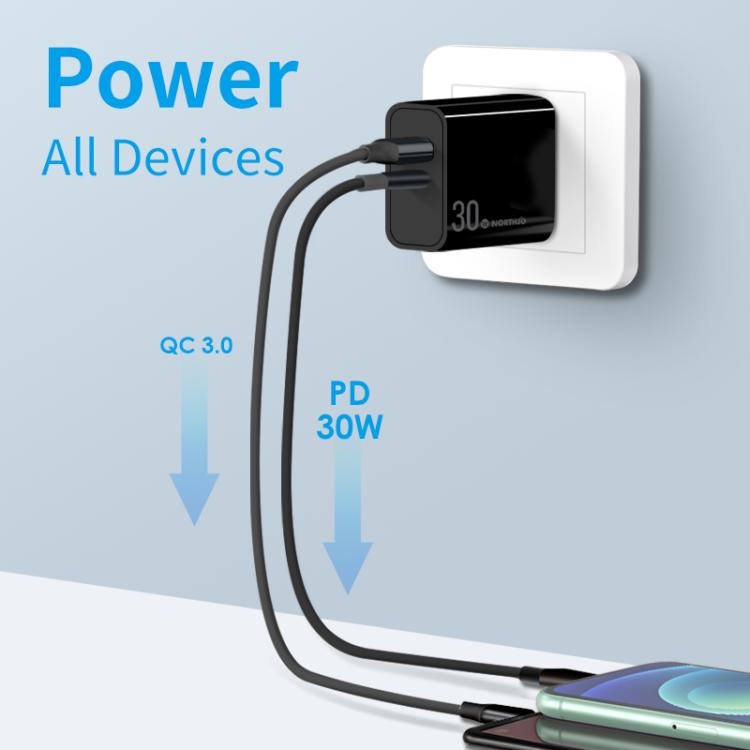 Cargador de Pared Northjo Nopd3002 Puerto Dual Usb-C Tipo-C Pd 30W Qc3.0 (Negro)