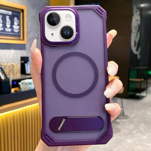 Funda para teléfono PC Magsafe sin marco con tacto de piel y soporte plegable para iPhone 14 (Morado)