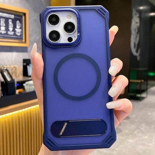 Funda para Teléfono PC Magsafe sin Marco con Tacto de Piel y Soporte Plegable para iPhone 14 Pro Max (Azul)