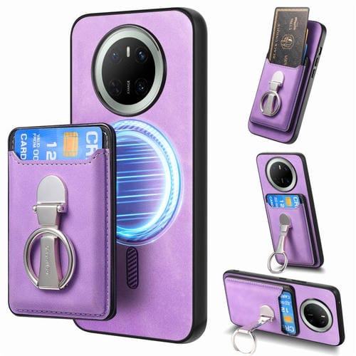 Funda para Teléfono Huawei Mate 70 Magsafe con Soporte Tarjetas y Anillo Plegable (Morado)