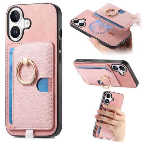 Funda para iPhone 16 Plus Ranuras para Tarjetas Diseño Retro Cruz Anillo Lateral (Rosa)