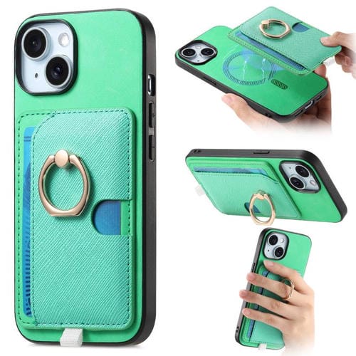 Funda para iPhone 15 Cuero con Ranuras para Tarjetas y Anillo Diseño Retro (Verde)