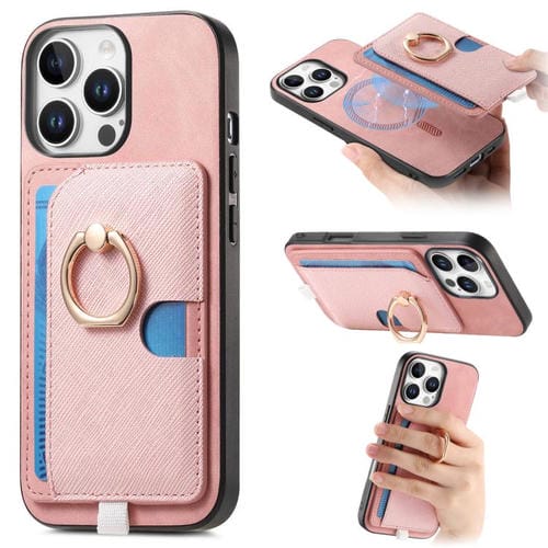 Funda para teléfono Magsafe con anillo de cuero cruz retro iPhone 14 Plus (Rosa)