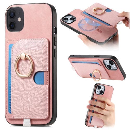 Funda para iPhone 13 con Ranuras para Tarjetas Diseño Retro Cruz Cuero Anillo Lateral (Rosa)