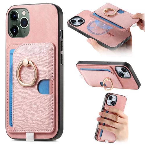 Funda para iPhone 11 Pro con Ranuras para Tarjetas Diseño Retro Cruz Anillo Lateral (Rosa)