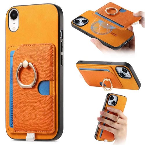 Funda para iPhone Xr Cuero Diseño Retro Cruz Ranuras para Tarjetas Anillo Lateral (Amarillo)