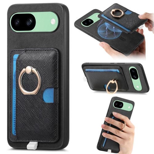 Funda para Google Pixel 8A con Ranuras para Tarjetas, Diseño Retro Cruz, Cuero y Anillo Lateral (Negro)