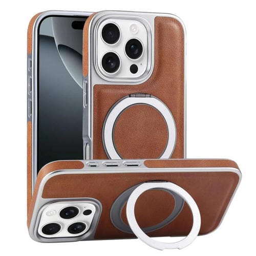 Funda para Teléfono con Soporte Magsafe Giratorio Cuero Granulado iPhone 16 Pro (Marrón)