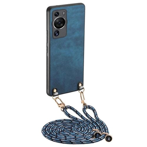 Funda de Cuero Vintage para Huawei P60 con Parte Trasera de Policarbonato y Correa Cruzada (Azul)