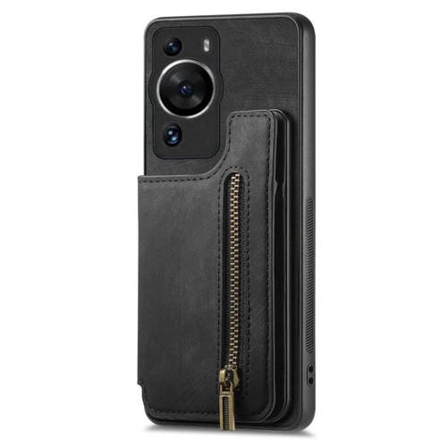 Funda de Cuero Retro con Cremallera para Huawei P60 (Negra)
