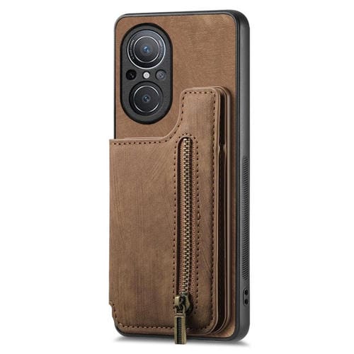 Funda de Cuero Retro con Cremallera para Huawei Nova 9 Se (Marrón)