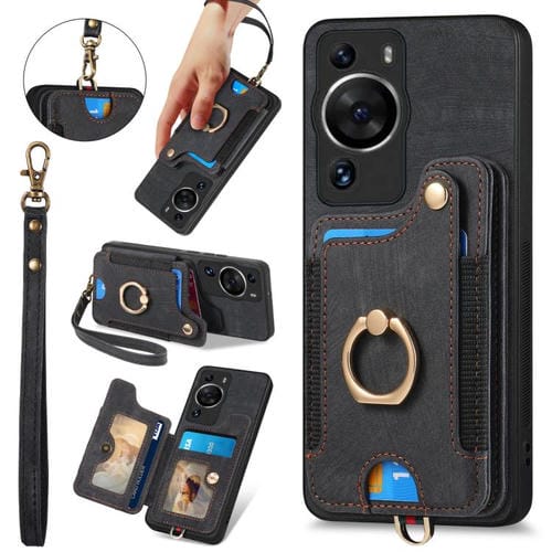 Funda para Teléfono Huawei P60 con Billetera MultiTarjeta Diseño Retro Anillo (Negra)