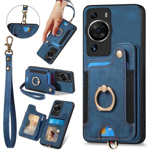 Funda para Teléfono Huawei P60 con Billetera MultiTarjeta, Anillo y Tacto de Piel (Azul)