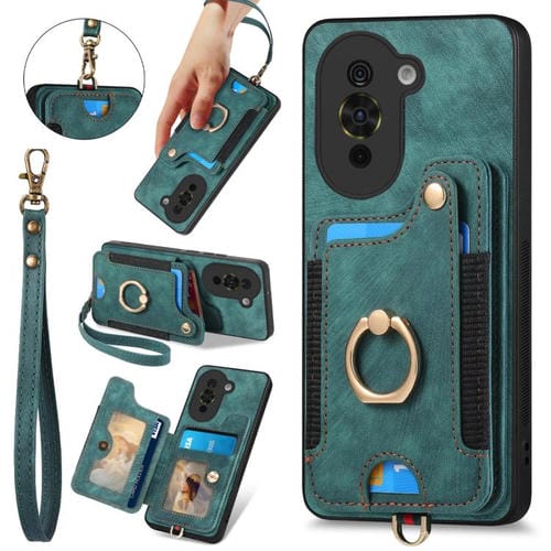 Funda para Teléfono Huawei Nova 10 Pro con Billetera MultiTarjeta, Diseño Retro y Anillo (Verde)
