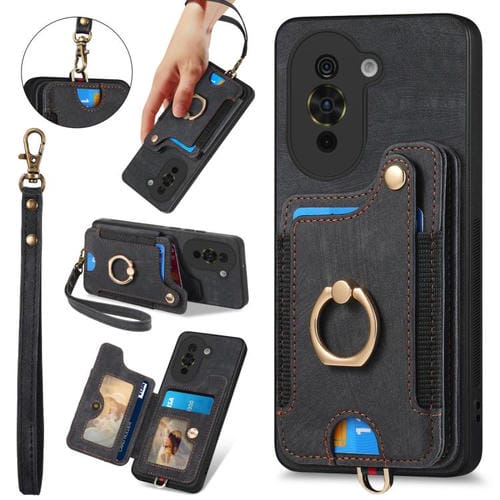 Funda para Teléfono Huawei Nova 10 Pro con Billetera MultiTarjeta, Diseño Retro, Sensación de Piel y Anillo (Negra)