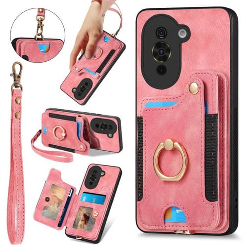 Funda para Teléfono Huawei Nova 10 Pro con Billetera MultiTarjeta Diseño Retro Piel Sintética y Anillo (Rosa)