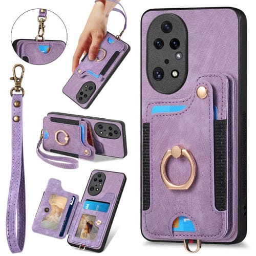 Funda para Teléfono Huawei P50 Pro con Billetera MultiTarjeta, Diseño Retro, Piel Sintética y Anillo (Morado)