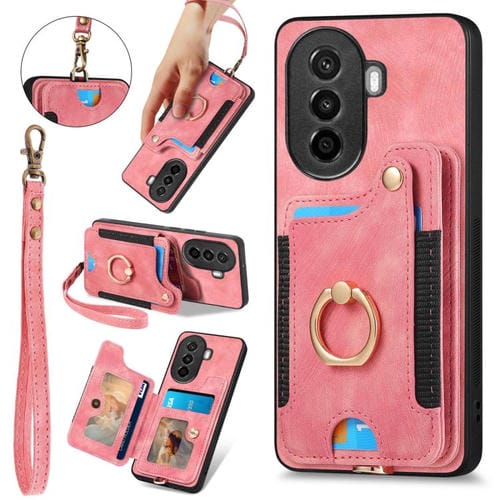 Funda para Teléfono Huawei Nova Y70/Y70+ con Billetera MultiTarjeta, Diseño Retro, Piel Sintética y Anillo (Rosa)