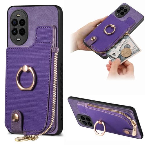 Funda para Teléfono Huawei Nova 13 Pro con Cremallera Vertical y Anillo de Cuero Cruzado (Morado)