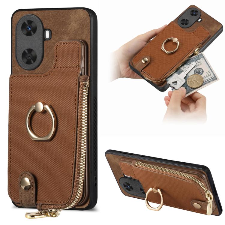 Funda para Teléfono Huawei Enjoy 60 con Cremallera Vertical y Anillo de Cuero Cruzado (Marrón)