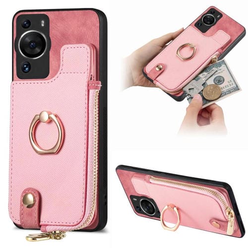 Funda para Teléfono Huawei P60 Pro con Cremallera Vertical y Anillo de Cuero Cruzado (Rosa)