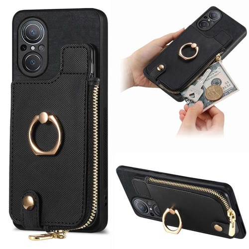 Funda para Teléfono Huawei Nova 9 Se con Cremallera Vertical y Anillo de Cuero Cruzado (Negro)